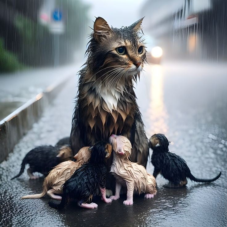 Hello, I'm a cat and I live on the street with my 6 children.