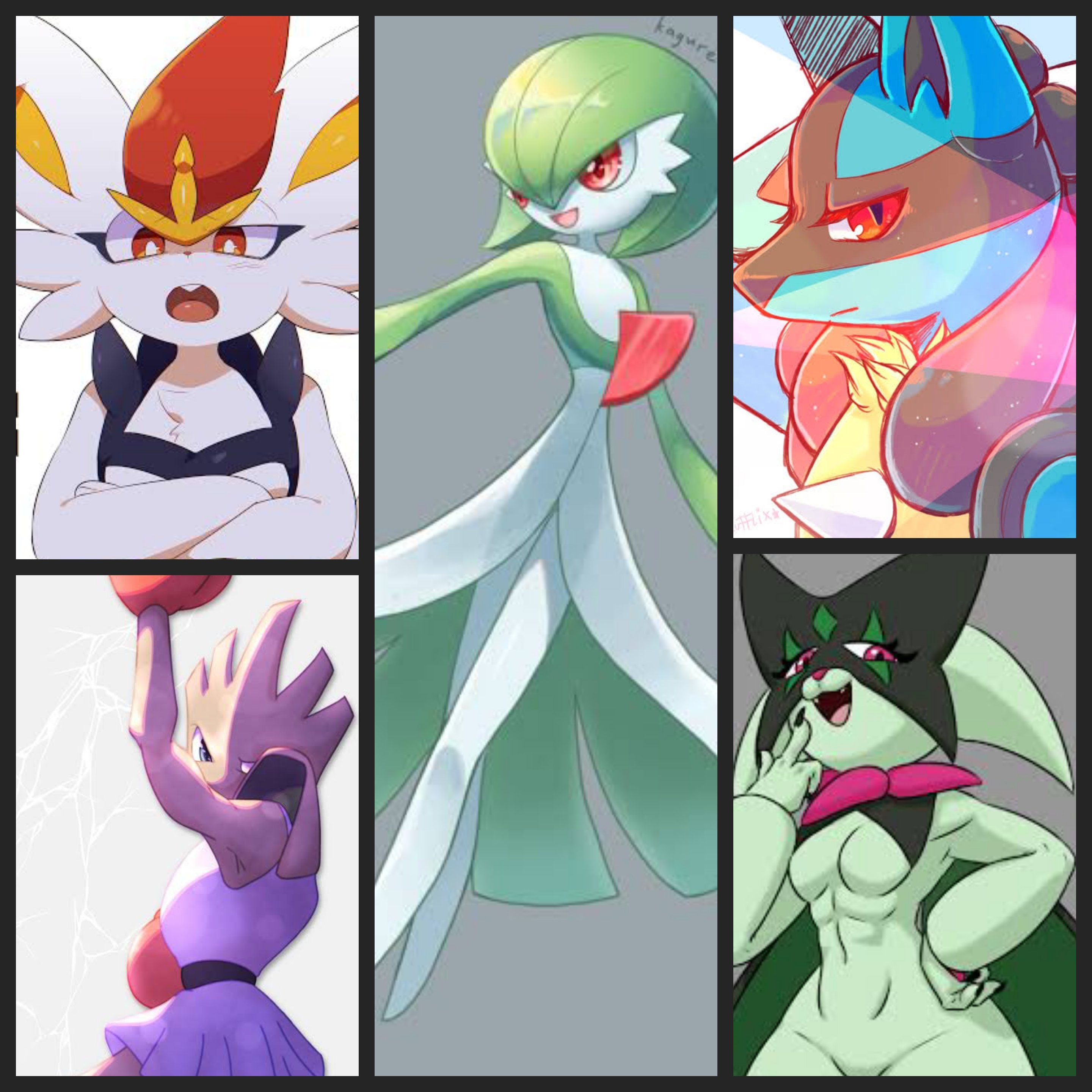Pokemon team. Meowscarada, Cinderace, Hitmonchan, Gerdevoir, and Lucario (all female)